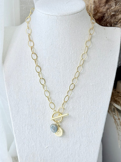 Labradorite + Matte Gold Charm Toggle Necklace