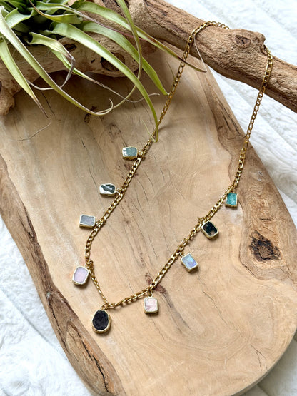 Mixed Gemstone + Gold Stainless Charm Necklace