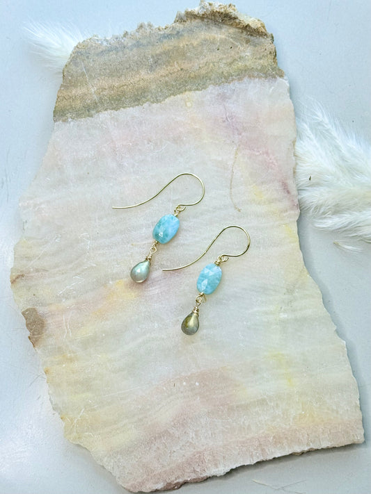 Larimar + Labradorite Matte Gold Earrings