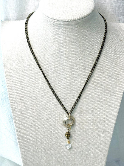 Rainbow Moonstone + Mixed Metals Hematite Skull Necklace