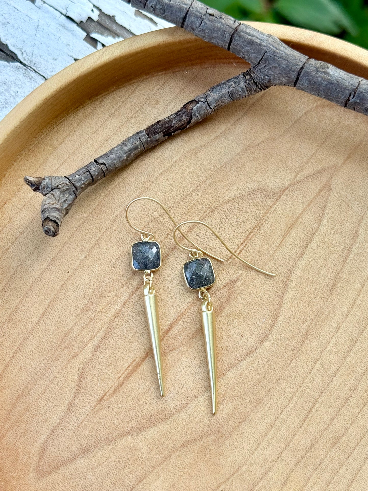 Black Sunstone + Matte Gold Spike Earrings