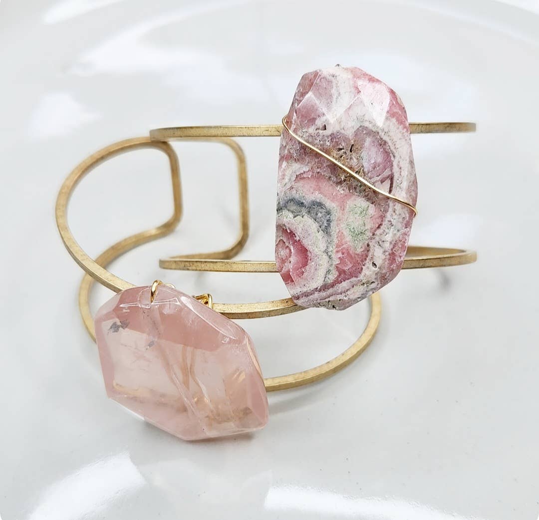 Madagascar Rose Quartz, Rhodochrosite & Brass Cuff Bracelets