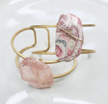 Madagascar Rose Quartz, Rhodochrosite & Brass Cuff Bracelets