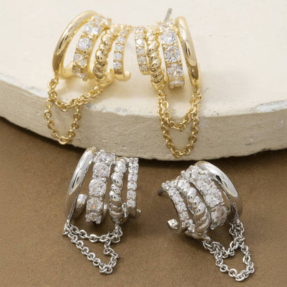 Stacked Zircon + Chain Triple Hoop Earrings