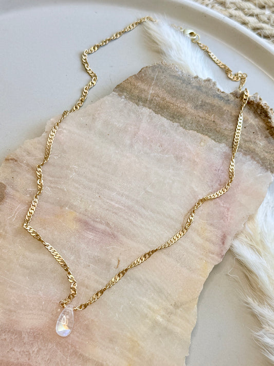 Madagascar Rainbow Moonstone + Matte Gold Necklace