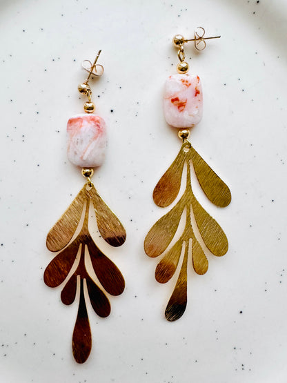 Red Flower Agate + Botanical Dew Drop Gold Earrings