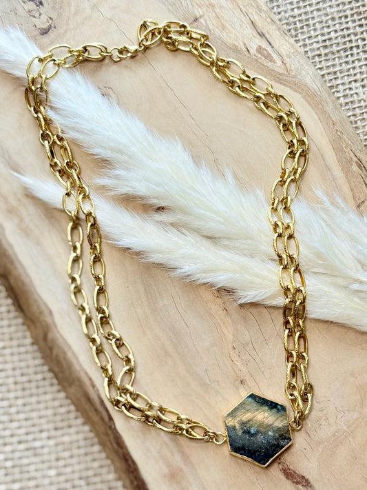 Labradorite + Gold Stainless Steel Double Chain Necklace