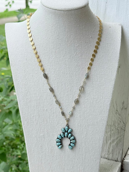 Turquoise + Mixed Metal Squash Blossom Necklace