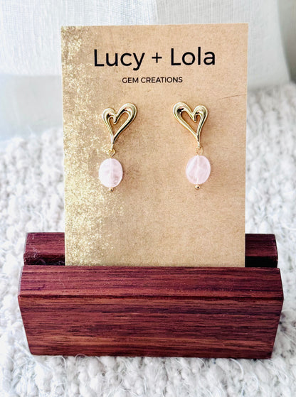 Rose Quartz + Gold Heart Earrings