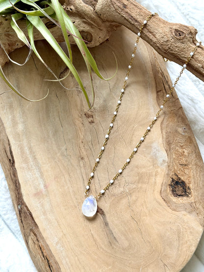 Rainbow Moonstone + Gold Stainless Necklace
