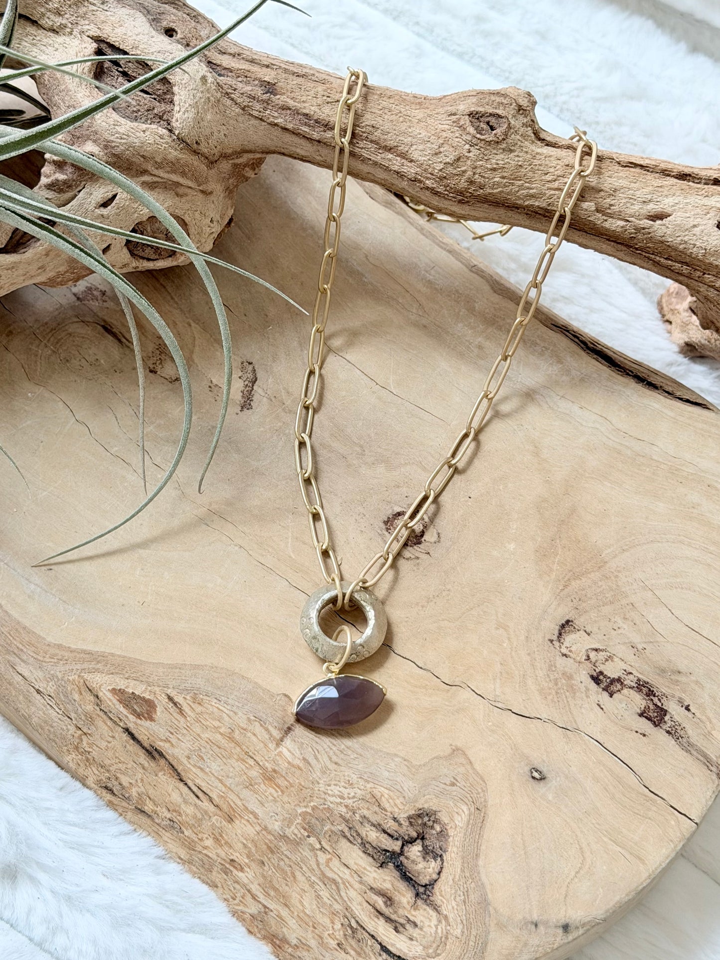 Chocolate Moonstone Evil Eye + Matte Gold Necklace
