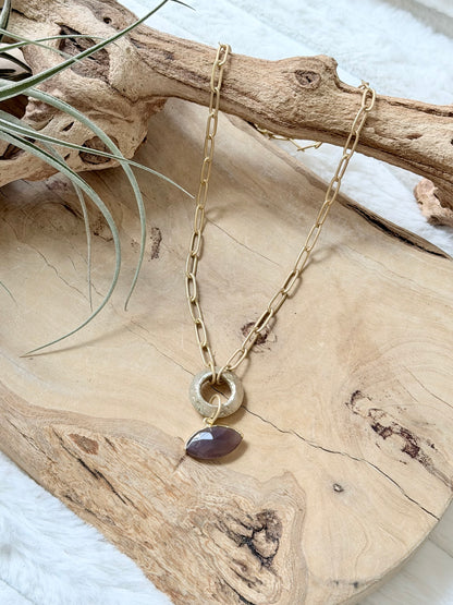 Chocolate Moonstone Evil Eye + Matte Gold Necklace