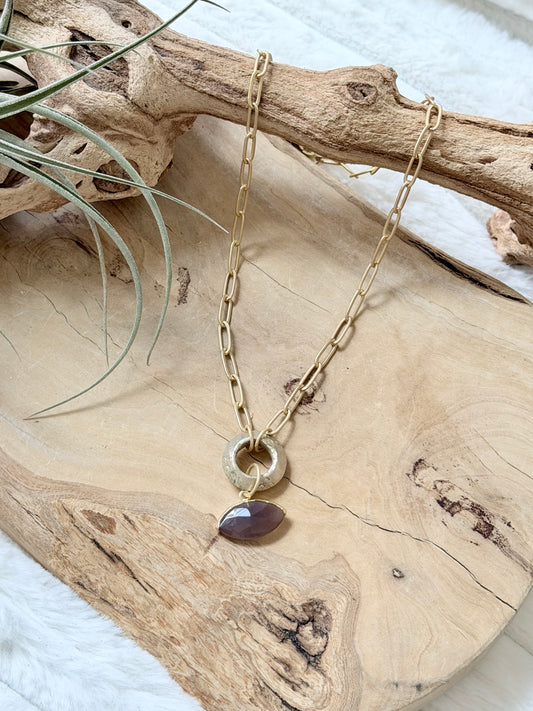 Chocolate Moonstone Evil Eye + Matte Gold Necklace