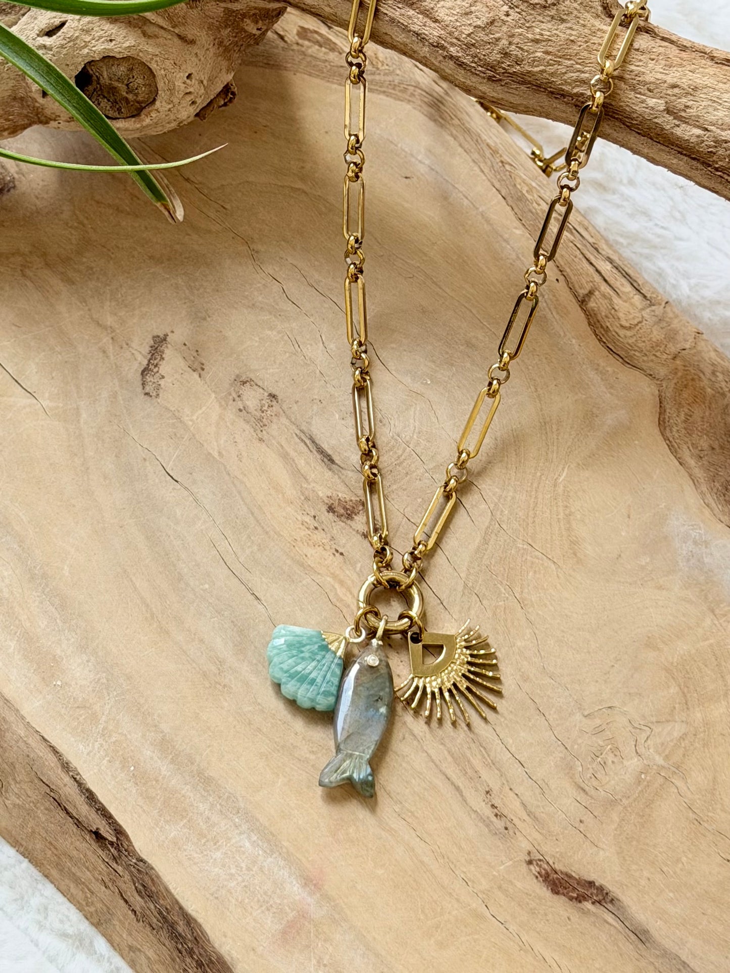 Amazonite + Labradorite Gold Fish Stainless Carabiner Charm Necklace