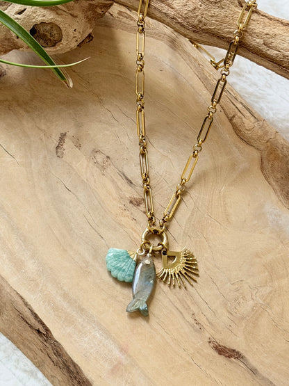 Amazonite + Labradorite Gold Fish Stainless Carabiner Charm Necklace