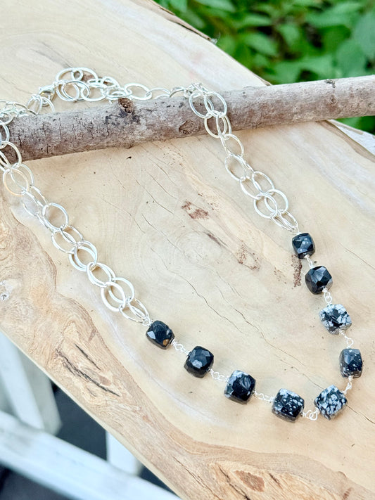 Snowflake Obsidian + Silver Double Chain Necklace