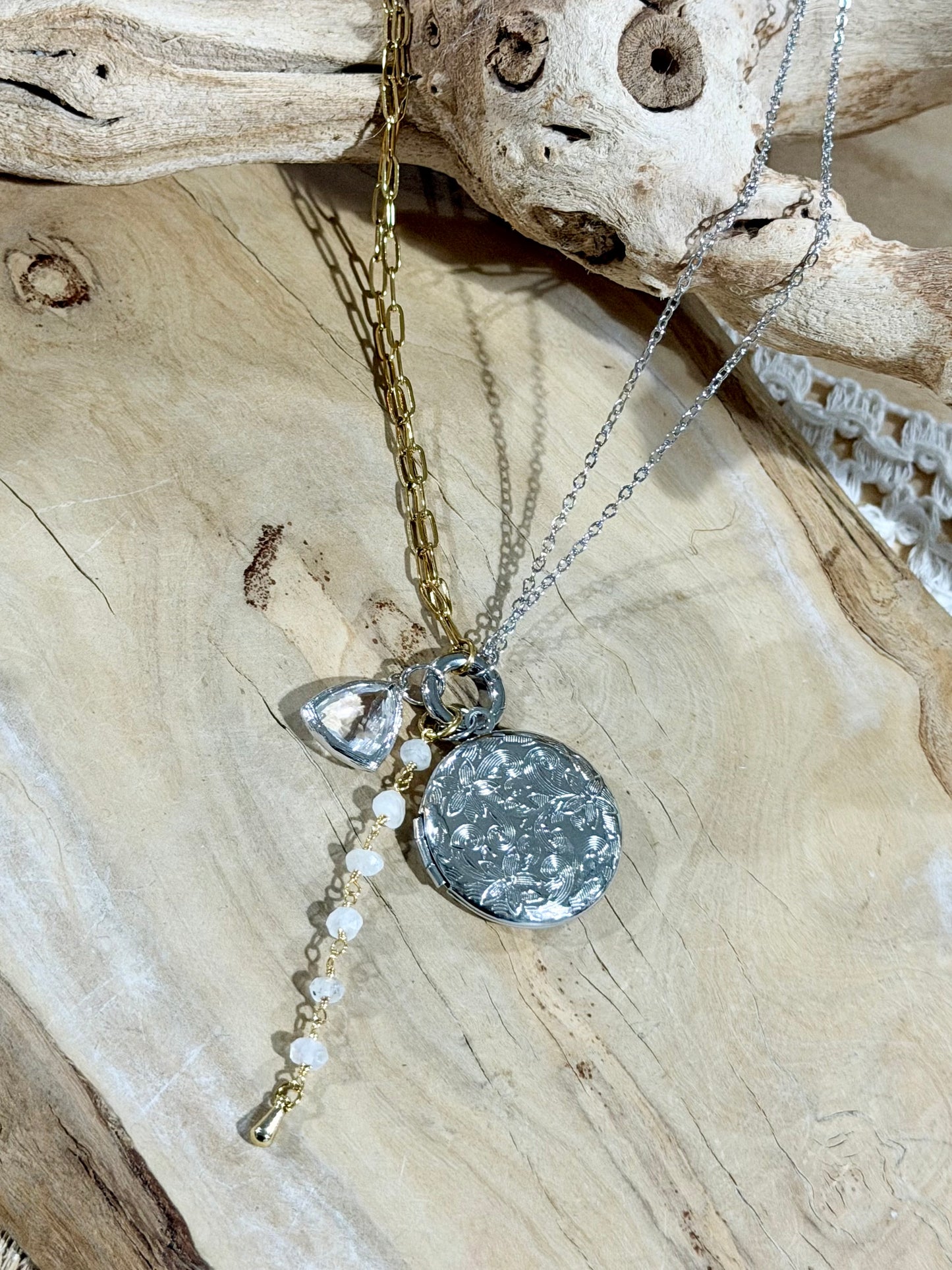 Mixed Metal Locket + Carabiner Charm Necklace
