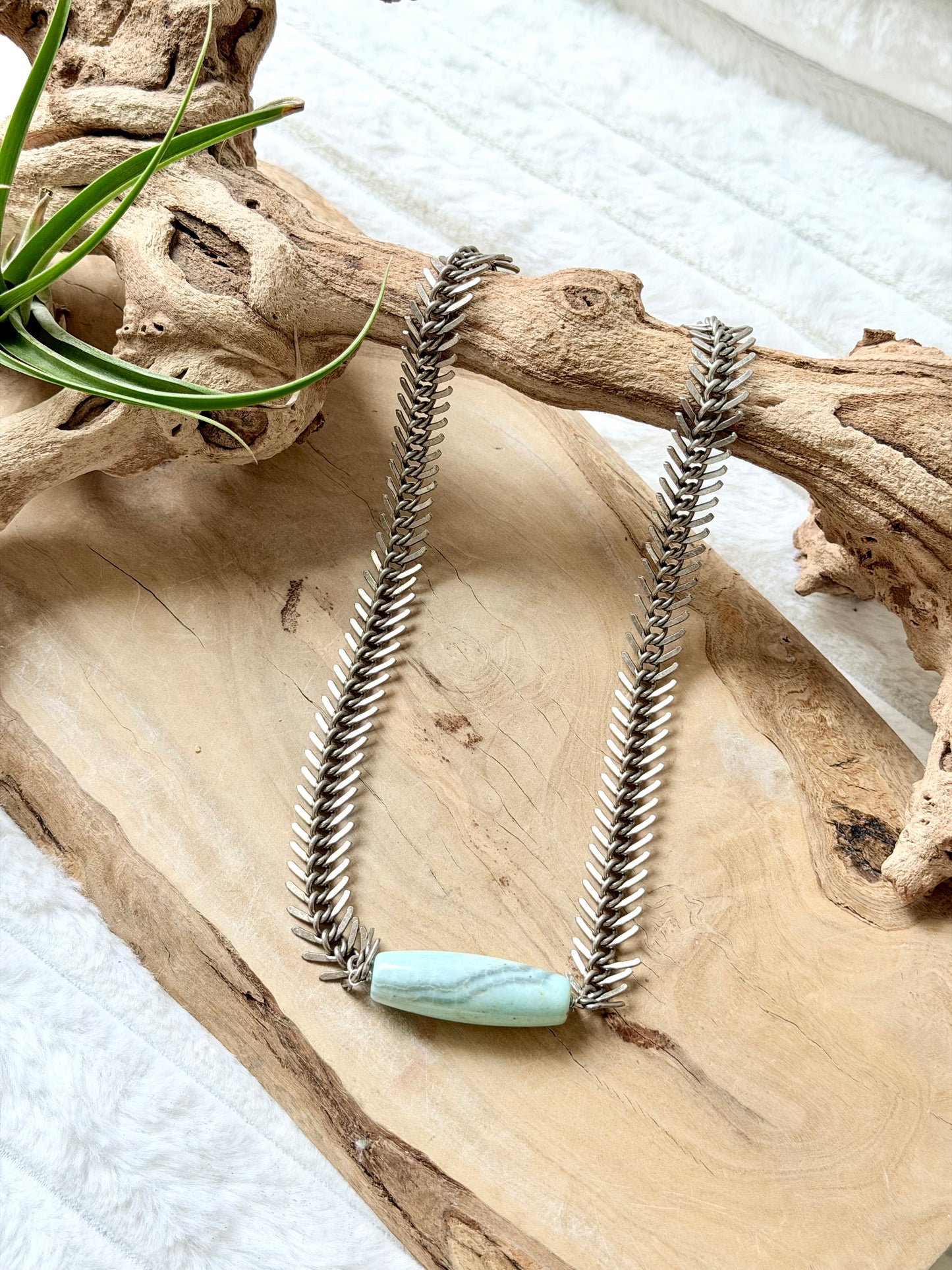 Aqua Blue Terra Agate + Antique Silver Fishbone Chain Necklace