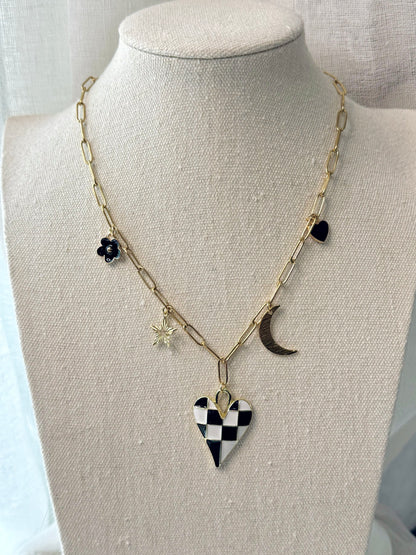 Black + White Gold Heart Charm Necklace