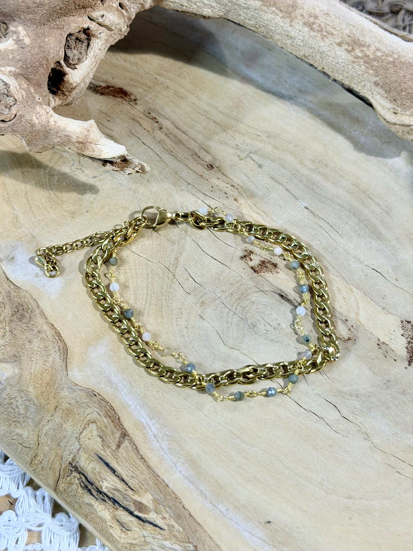Mixed Moonstone + Gold Stainless Steel Duet Bracelet