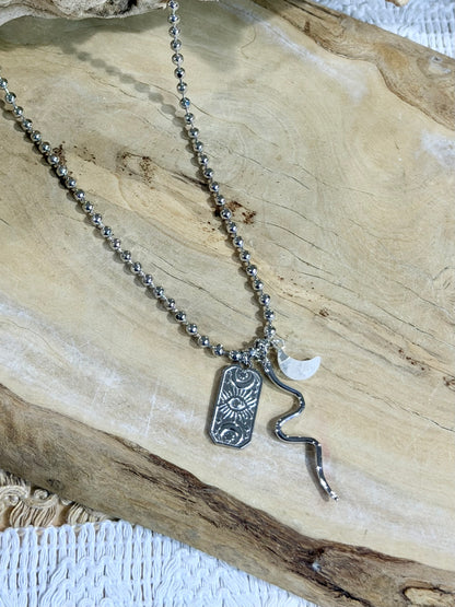 Rainbow Moonstone + Silver Snake Necklace