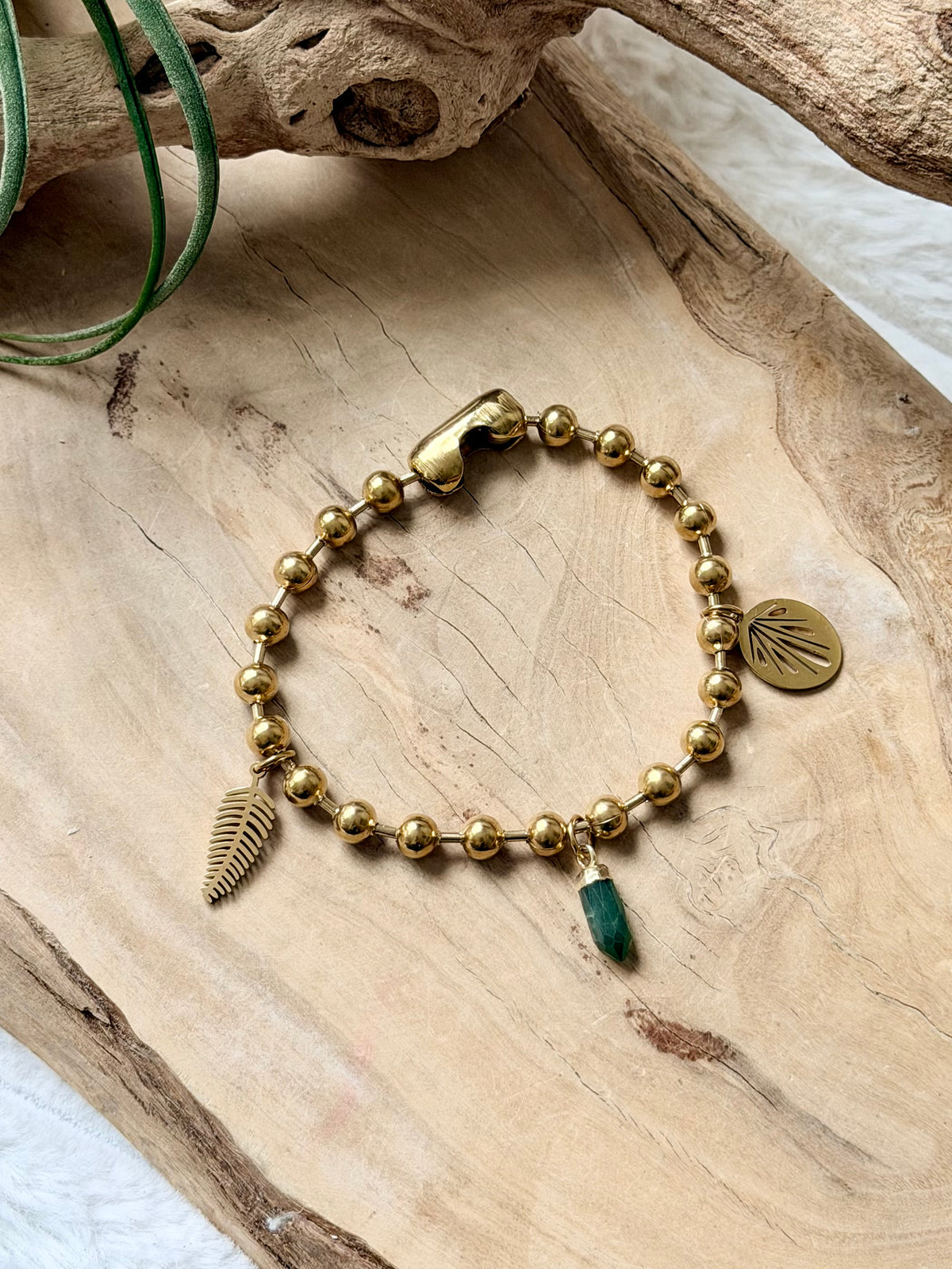 Green Serpentine + Gold Stainless Ball Chain Charm Bracelet