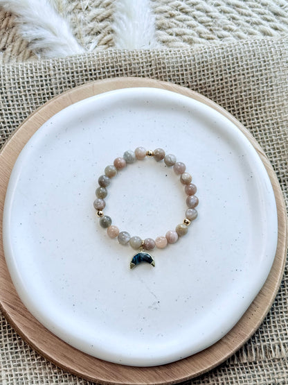 Gray-Peach Moonstone + Labradorite Gemstone Pendant Bracelet
