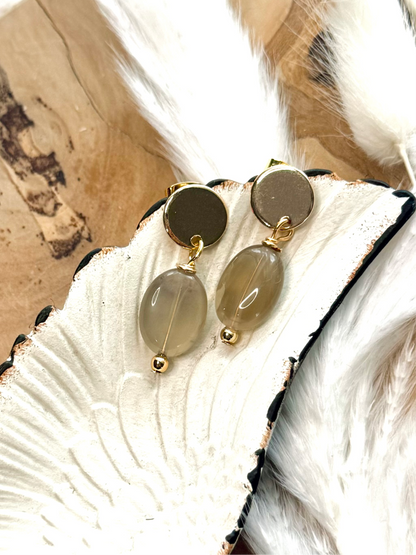 Gray Moonstone + Gold Earrings