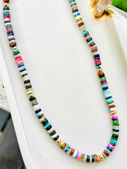 Mixed Gems + Gold Beaded Necklace