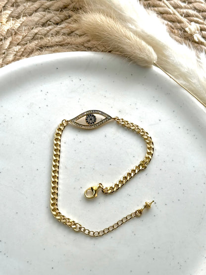 Wavy Evil Eye + Gold Curb Chain Bracelet