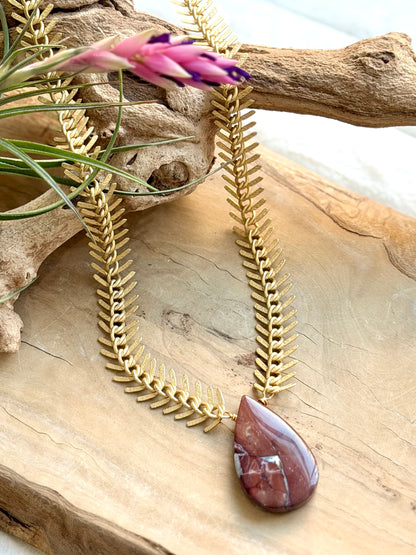 Butterfly Jasper + Matte Gold Fishbone Chain Necklace