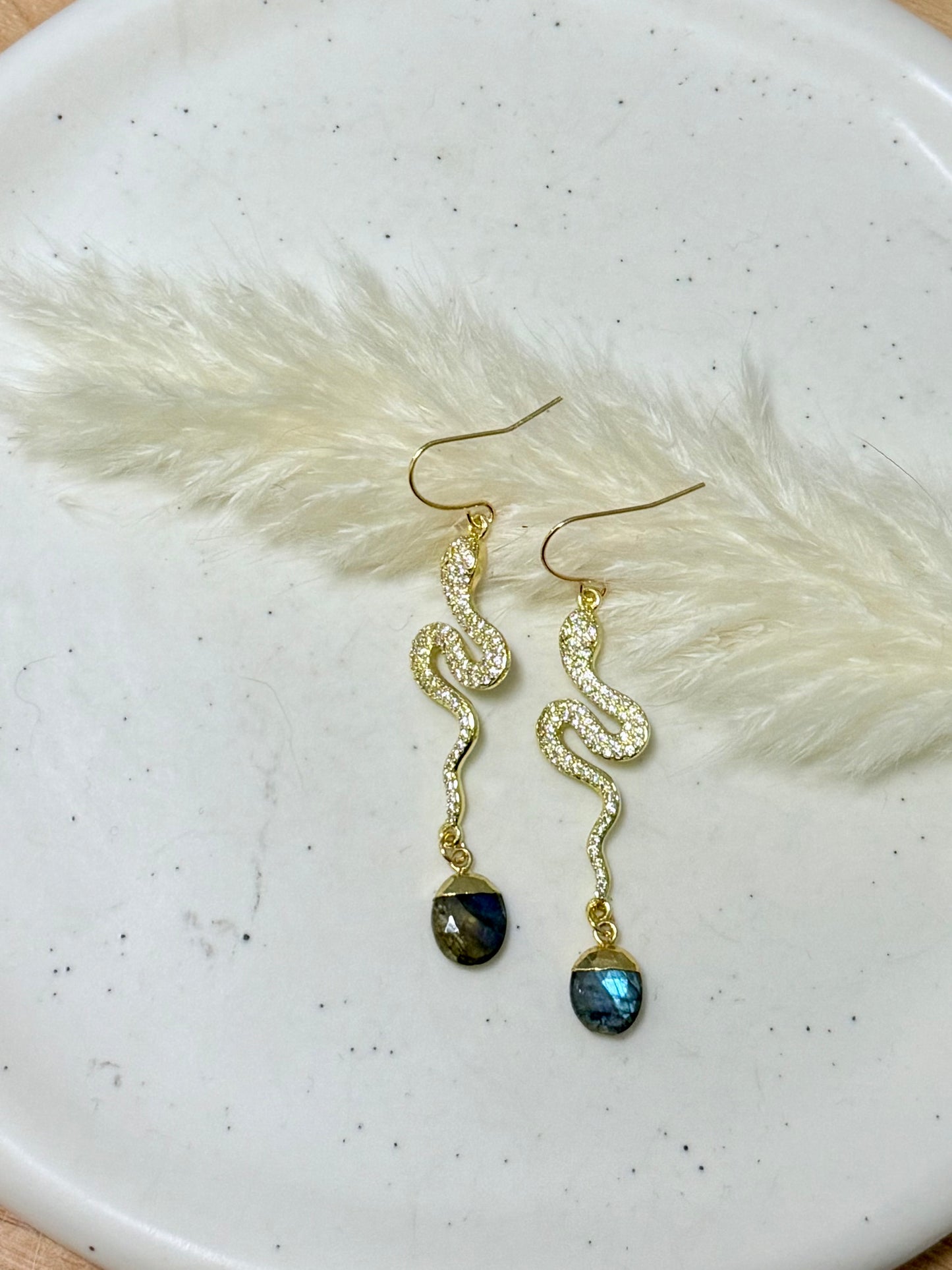 Labradorite + Gold Crystal Snake Earrings