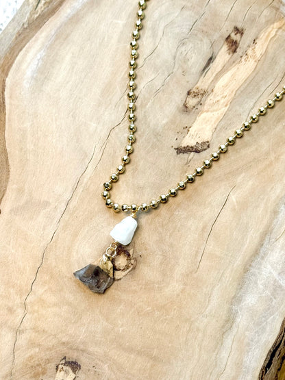 Moonstone + Smokey Quartz Matte Gold Necklace