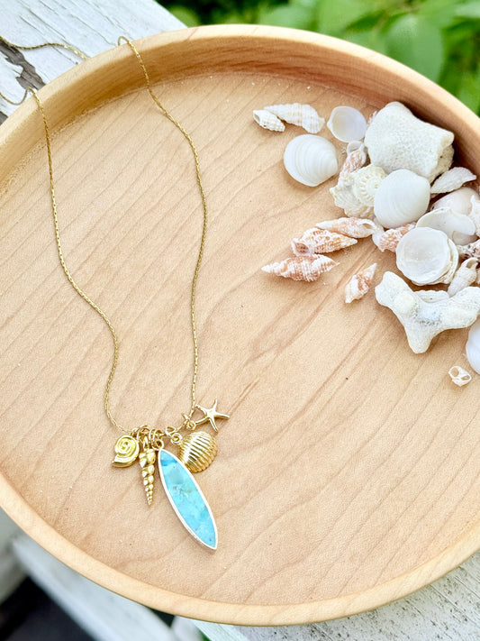 Turquoise + Gold Seashell Charm Necklace