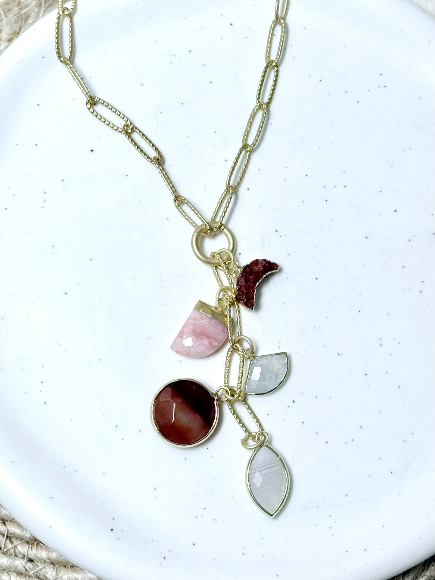 Warm Neutrals + Matte Gold Lariat Charm Necklace