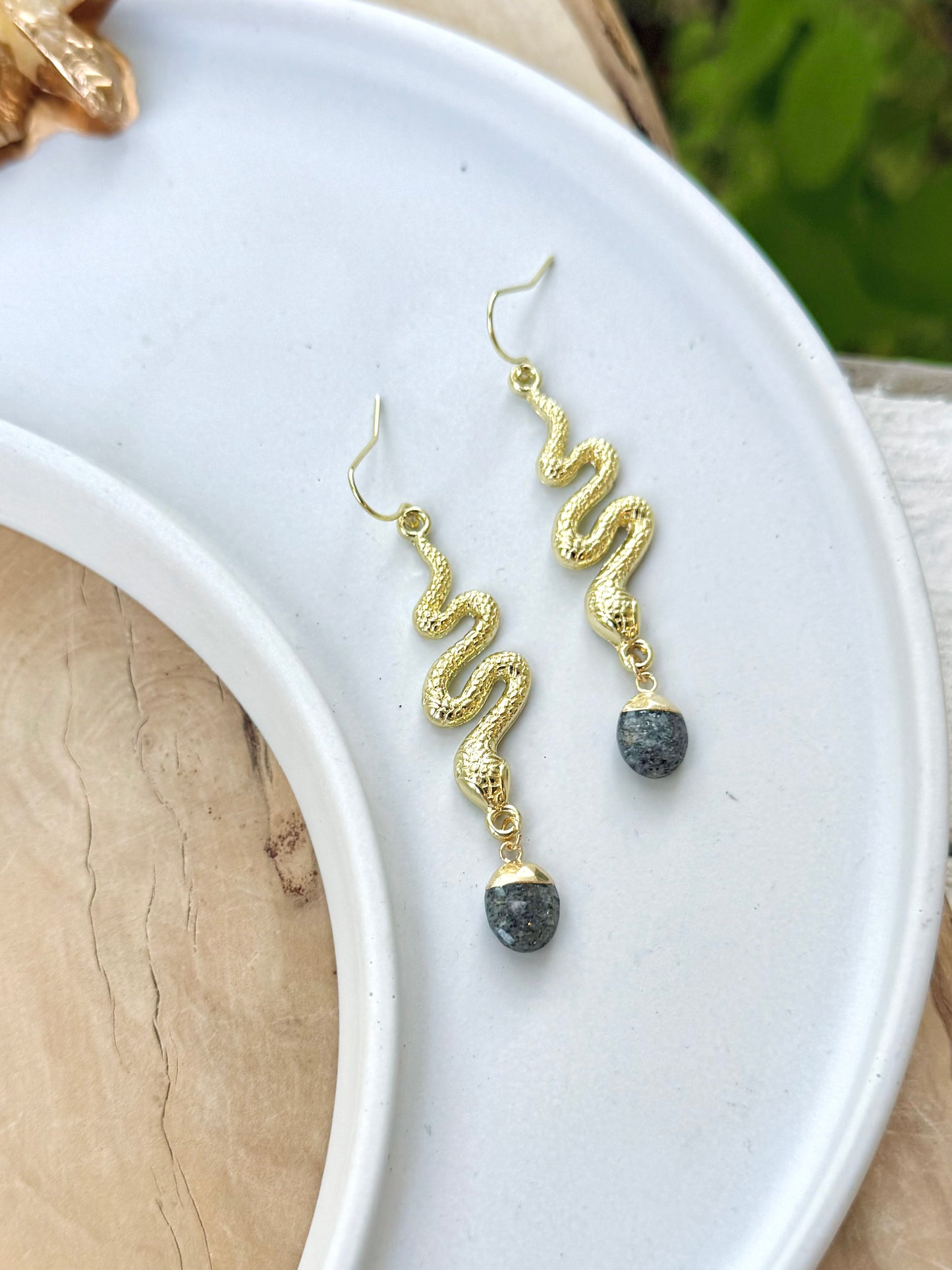 Black Sunstone + Gold Snake Earrings