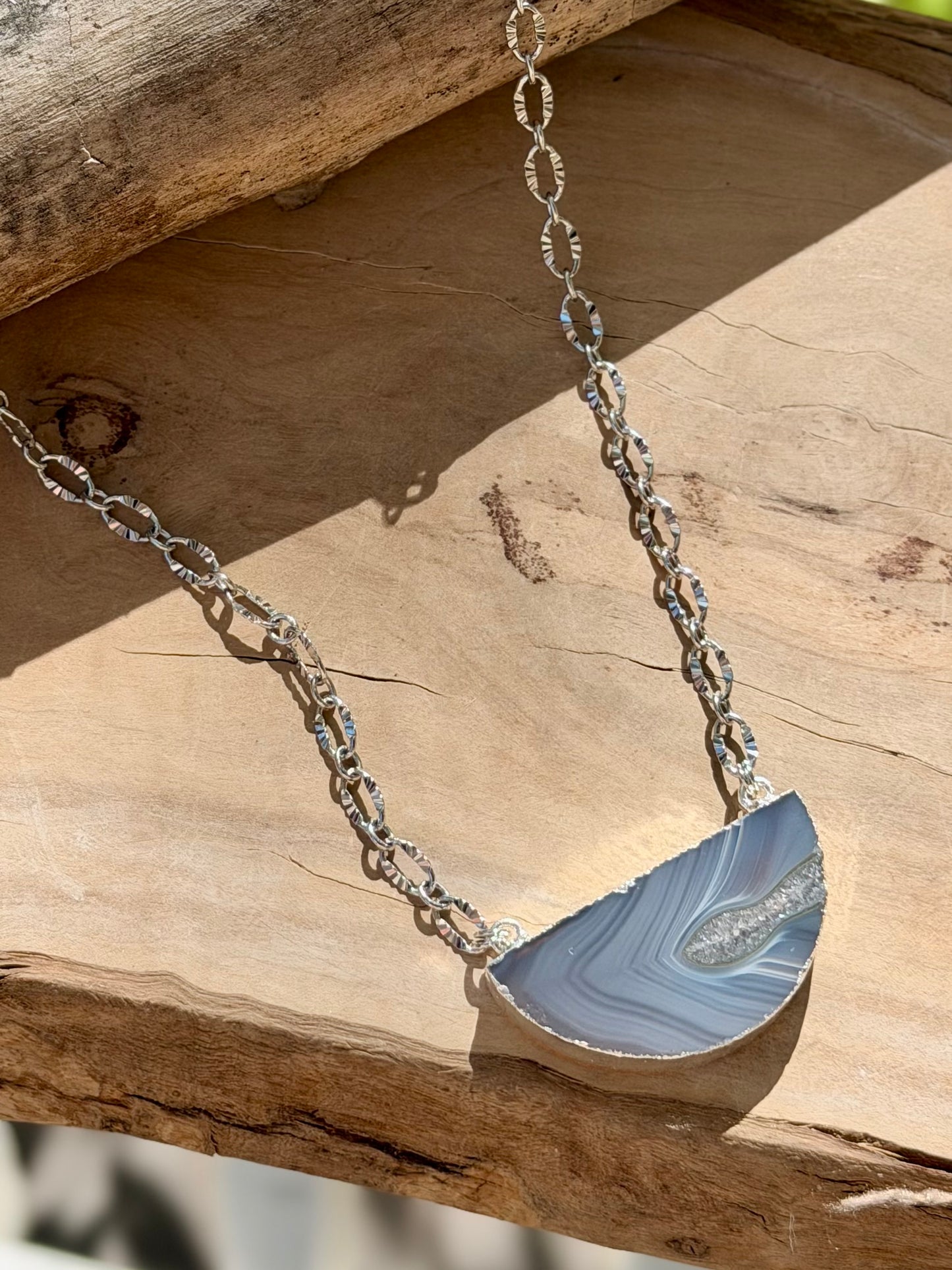 Agate Slice + Stainless Steel Half Moon Necklace