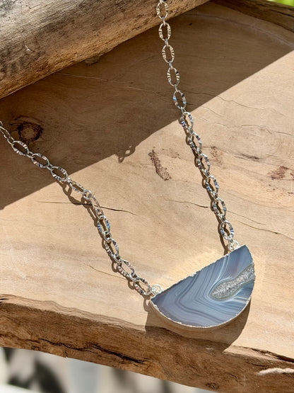 Agate Slice + Stainless Steel Half Moon Necklace