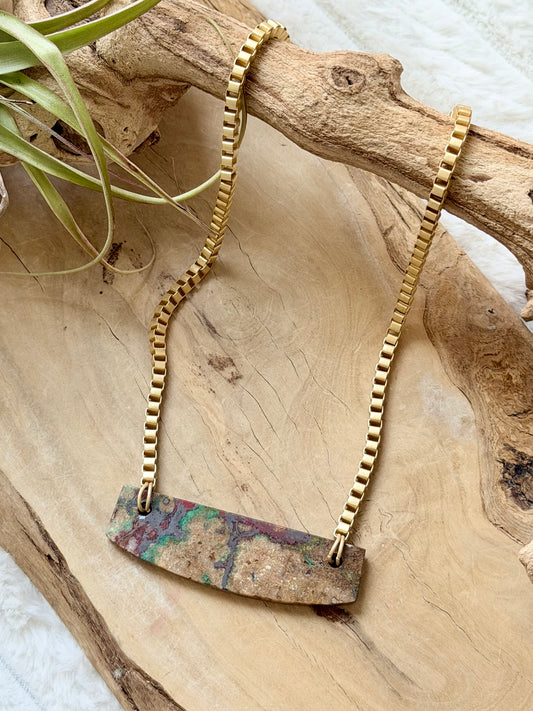 Copper in Chrysocolla + Matte Gold Box Link Necklace