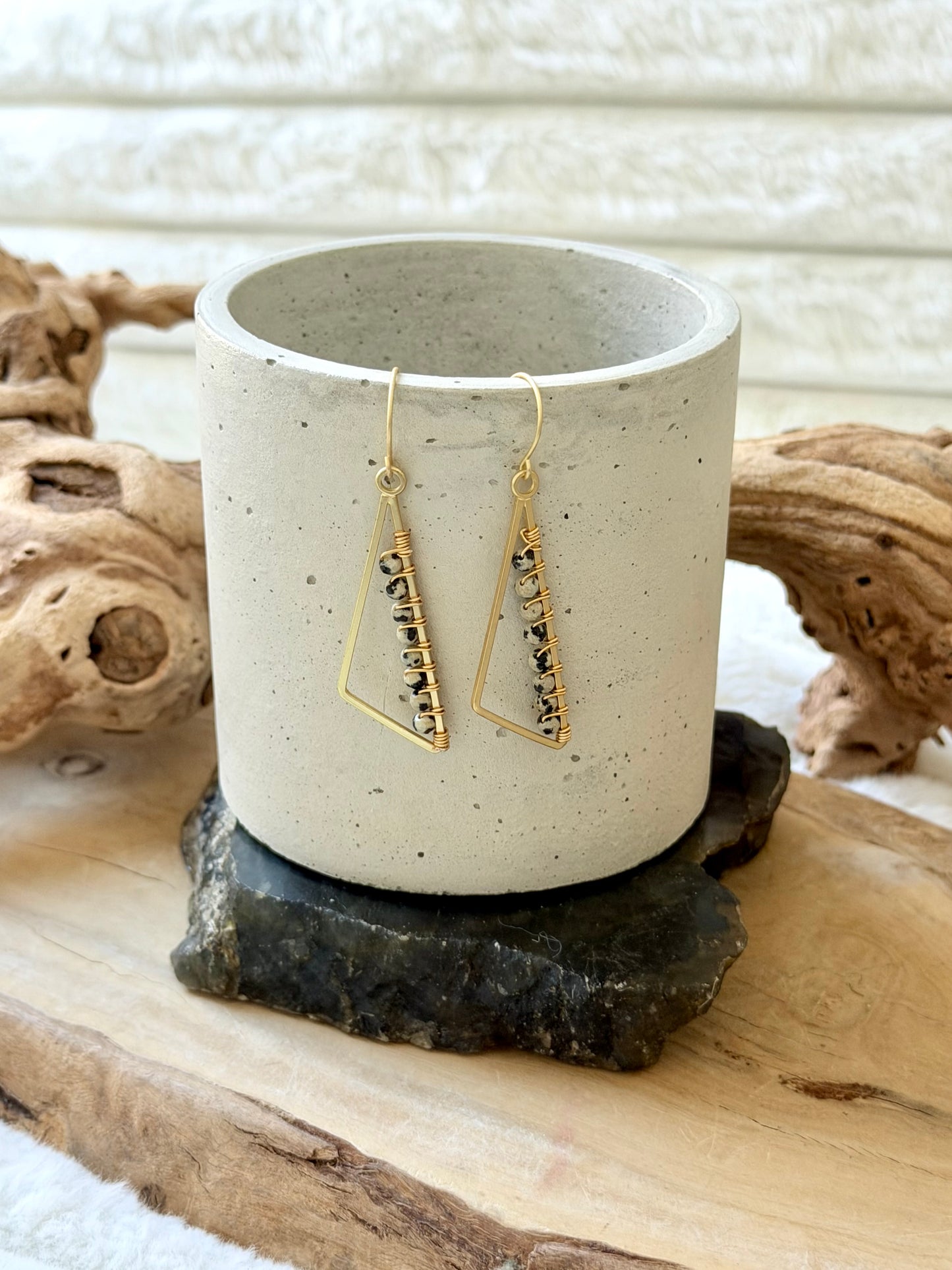 Dalmation Jasper + Matte Gold Triangle Earrings