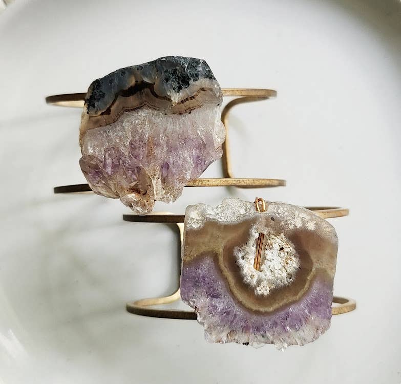 Wire Wrapped Amethyst Druzy and Brass Cuff Bracelet