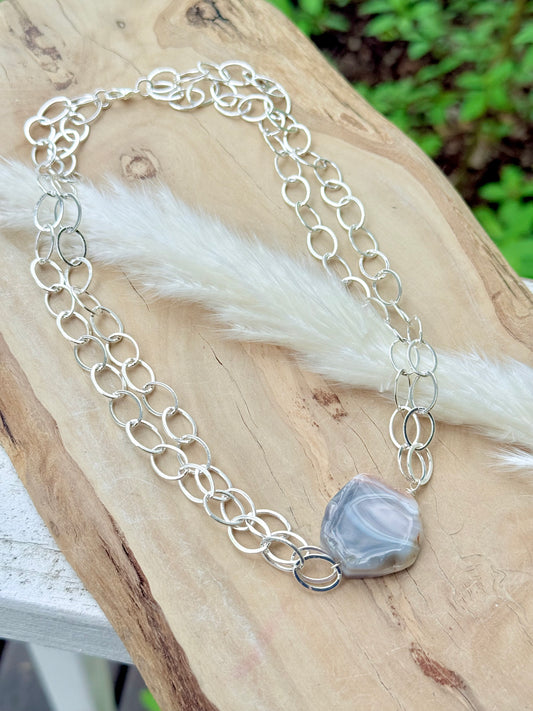 Botswana Agate + Silver Double Chain Necklace
