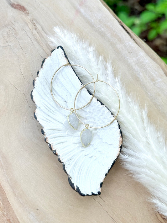 Moonstone Leaf + Matte Gold Hoop Earrings