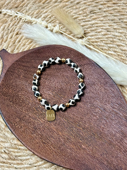 Black + White Spotted Tibetan Agate + Gold Chunky Charm Band