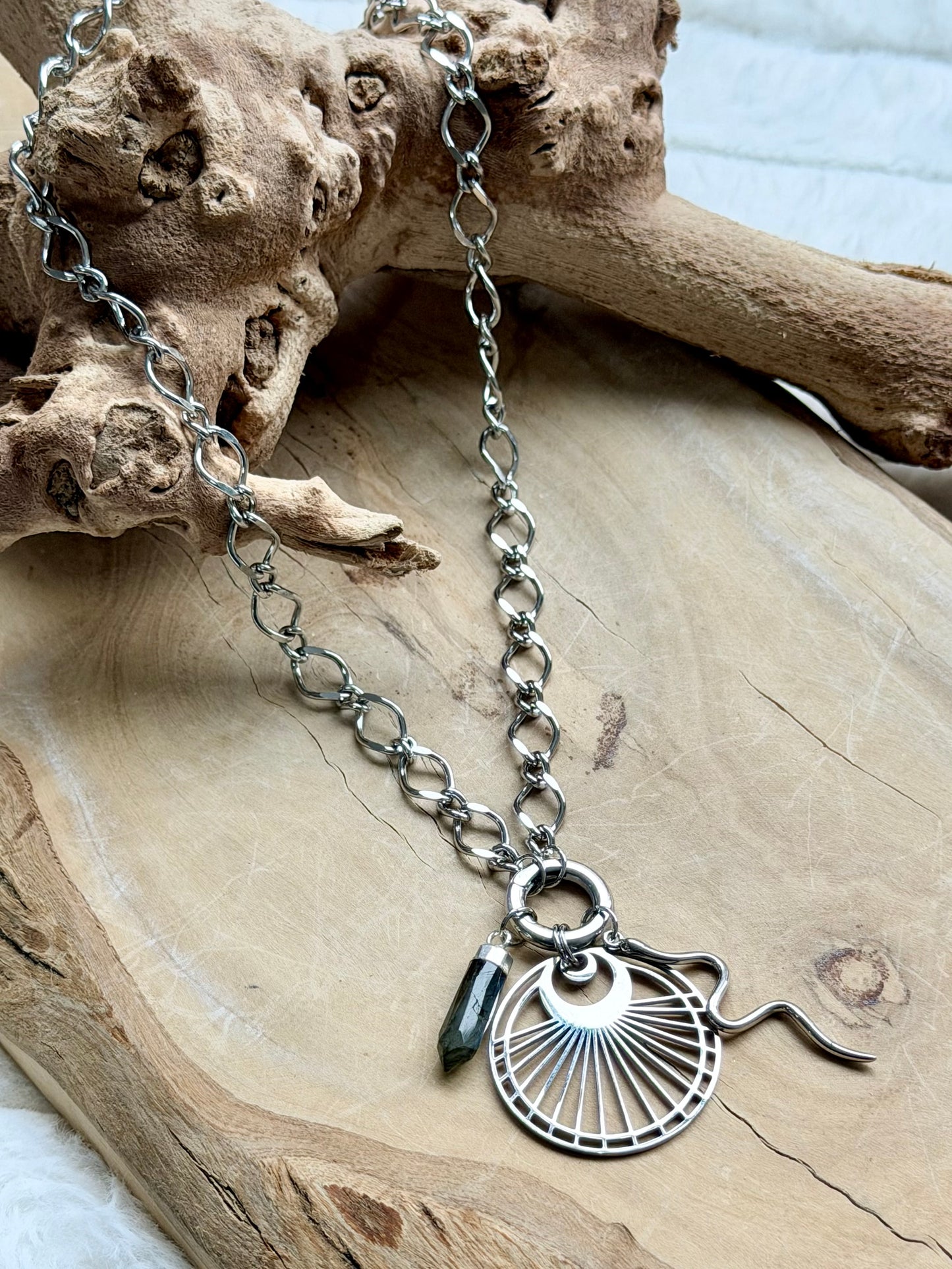Labradorite Spike + Silver Carabiner Charm Necklace