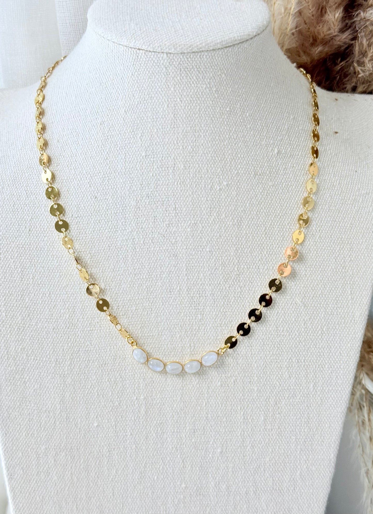 Rainbow Moonstone + Gold Curved Sequin Necklace