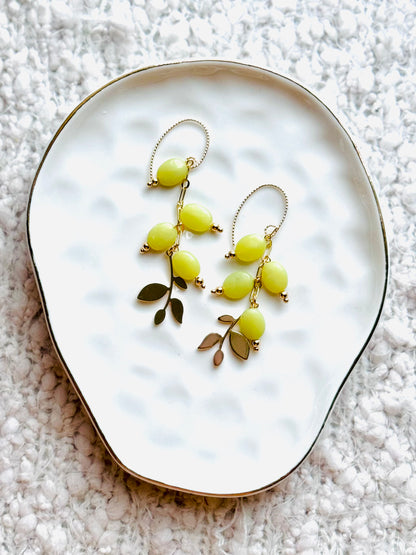 Botanical Olive Leaf + Olive Jade Gold Dangle Earrings