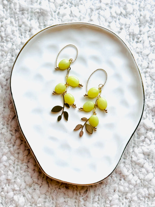 Botanical Olive Leaf + Olive Jade Gold Dangle Earrings