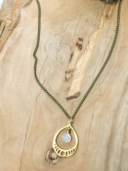 Rainbow Moonstone + Mixed Metals Moon Phases Necklace