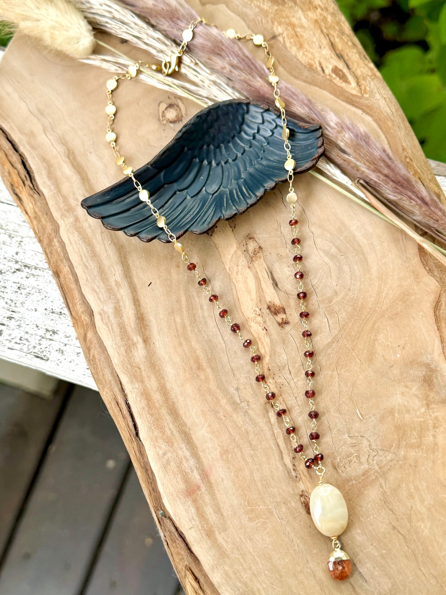 Garnet, Opal + Sunstone Matte Gold Necklace